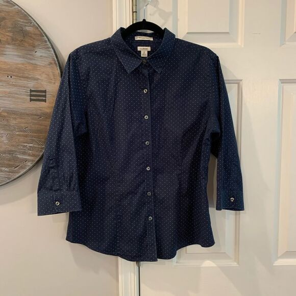 Lands End Wrinkle Free Navy Polka Dot Shirt sz M - Picture 1 of 5